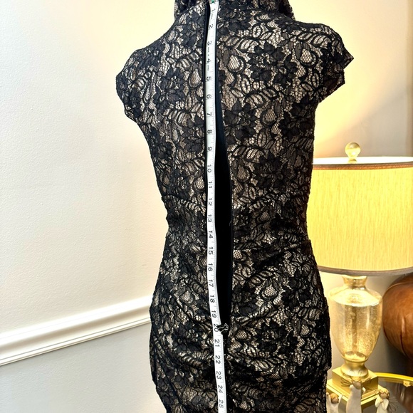 Xscape Tan Black Lace Formal/Semi midi body-con dress Sz 10. Ruched wCap sleeve. - Picture 9 of 16